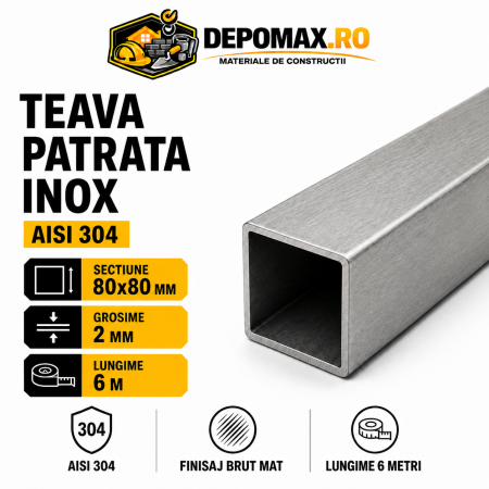 Teava patrata inox AISI 304, 80 x 80 x 2 mm, 6 metri